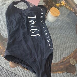 Armani Exchange Black One-Piece Bodysuit with White 1991 Logo